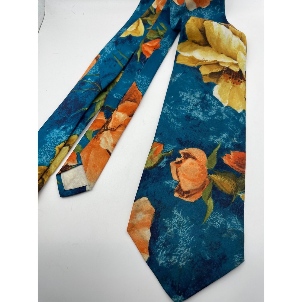 Vintage Floral Necktie Teal Blue Orange Yellow Rose Print Painterly Retro Tie